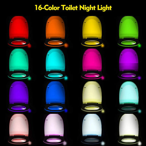 Six Pack Toilet Night Lights Motion Activated Sensor Lamps With 16 Color Changing LED Inside Toilet Bowl on display
