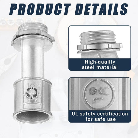 Four Pack Half Inch EMT To Box Offset Connectors With Set Screw And Lock Nut Conduit Fittings For Galvanized Steel Electrical EMT Conduit Zinc Die Cast, close-up of connector details