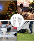 Ten Foot Two Prong Indoor Extension Cord White 18 Gauge Two Conductor ETL Listed Waterproof Plug And Play Power Cable For Home Office Garage Indoor Outdoor Use shown powering various devices in different scenarios