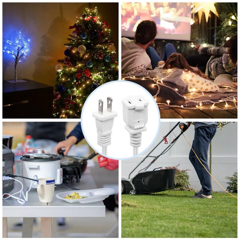 Ten Foot Two Prong Indoor Extension Cord White 18 Gauge Two Conductor ETL Listed Waterproof Plug And Play Power Cable For Home Office Garage Indoor Outdoor Use shown powering various devices in different scenarios