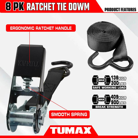 Heavy Duty 8 Pack Ratchet Tie Down Straps 1 Inch by 10 Feet showing ergonomic handle and black webbing for secure hauling.