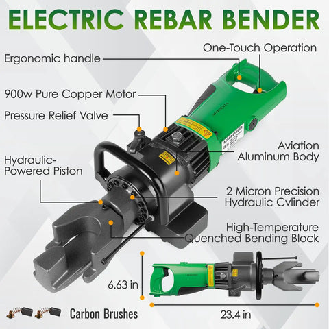 Yixbizhu 900W Electric Hydraulic Rebar Bender For #3 #4 #5 Bars Six To 16mm Steel with ergonomic handle and aluminum body.