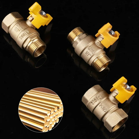 Rock Solid Brass Ball Valve With Comfort Grip Handle And No Sweat Male Female Threads For Quick Diy Plumbing Fixes, 3 valves with yellow handles.