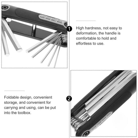 Awesome DIYEAH 8 Piece Folding Hex Key Wrench Set for Bike And Home Repair. Portable Allen Tool Kit, black and silver, folded and open views.
