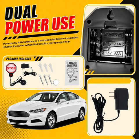 Precision LED Garage Parking Sensor With Adjustable Range And Bright Red Yellow Green Light Feedback For Dead Simple Car Stop And No Sweat Parking In Tight Spots showing dual power options, installation kit, and user manual.