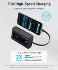 Road Ready 20000 Mah Portable Power Bank With Built In Usb C Port And 30 Watt Quick Charge, black power bank charging a smartphone.