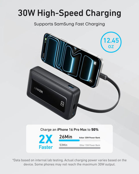 Road Ready 20000 Mah Portable Power Bank With Built In Usb C Port And 30 Watt Quick Charge, black power bank charging a smartphone.