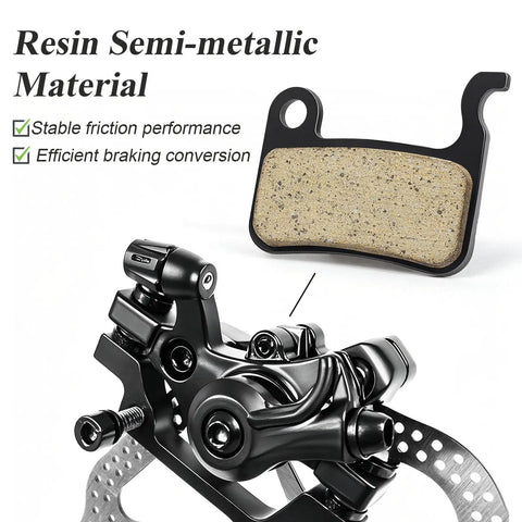 4 Pairs MTB Disc Brake Pads Kit With Installation Tools Includes Disc Alignment Tool Tire Lever And Hex Key Ready To Roll For Deore XT SLX M596 M595 Saint LX Alfine showing resin semi-metallic pad and brake mechanism.