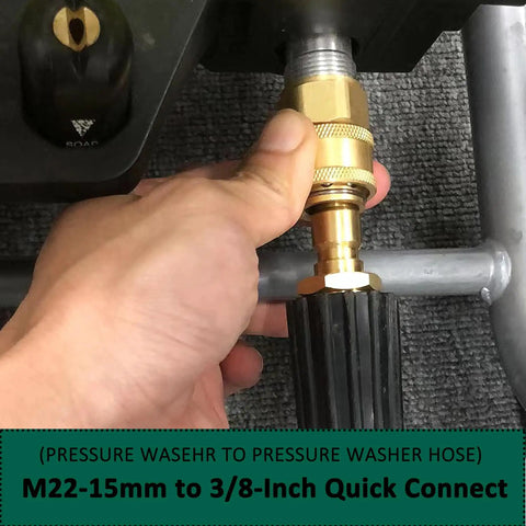 Person installing No-Fuss M22 To 3 Eighths Inch Quick Hose Connect Kit For Pressure Washers, 15mm Thread, into equipment.