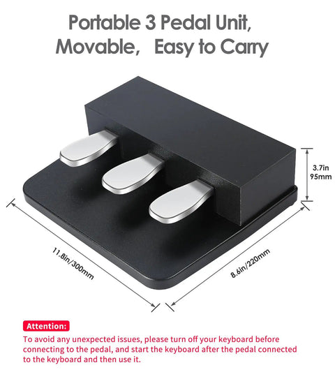 Dimensions of Portable 3 Pedal Keyboard Pedal Board With Soft Sostenuto And Sustain Pedals, Anti Slip Wood Base, 11.8x8.6x3.7 inches