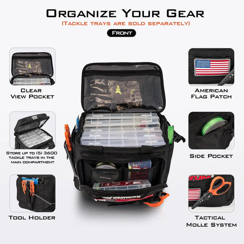 Front view of Karryall Tackle Bags Water Resistant Gear Storage showing multiple compartments, pockets, and accessories.