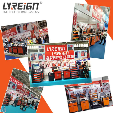 Trade show display of Removable CNC Tool Rack Cart With Dual Layer Steel Side Mount Storage, showcasing heavy-duty tool trolleys.