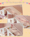 Triple Bunk Bed Space-Saving With House Shape For Kids, Twin Over Twin Over Twin, Metal Frame, White, LED lights, play curtain