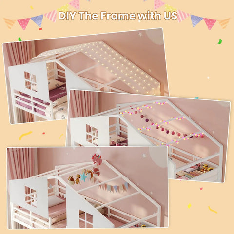 Triple Bunk Bed Space-Saving With House Shape For Kids, Twin Over Twin Over Twin, Metal Frame, White, LED lights, play curtain