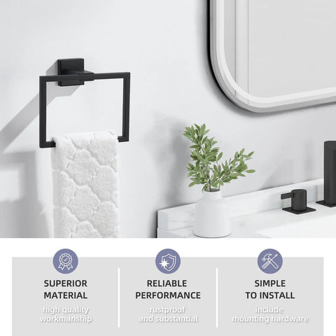 Matte Black Square Towel Holder Stainless Steel Wall Mount Rack For Bathroom installed beside mirror, holding towel