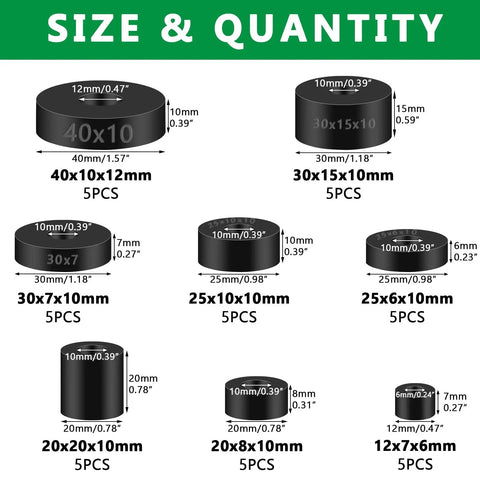 40 Piece Black Round Rubber Spacers Set Eight Sizes For Anti Vibration And Electrical Repairs DIY Ready For Home And Car Projects Neoprene Bushings Cushions For Mounting And Stabilizing Components