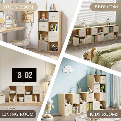 8 Cube Storage Organizer With Solid Wood Frame And Four Fabric Bins, Dope Cube Shelf in study, bedroom, living, and kids rooms