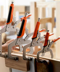 Heavy Duty C Clamps With Swivel Pads For Woodworking And Welding, Adjustable Face Locking Pliers on wooden surface.