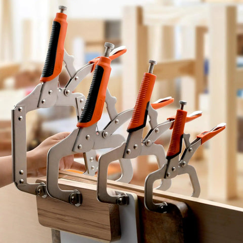 Heavy Duty C Clamps With Swivel Pads For Woodworking And Welding, Adjustable Face Locking Pliers on wooden surface.