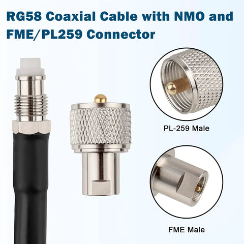 RG58 Coaxial Cable with NMO and FME/PL259 Connector, showing detailed view of PL-259 Male and FME Male connectors for VHF UHF CB Radios