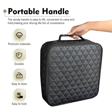Portable handle of badass waterproof leather car jumper cable bag, easy to carry, features durable, quilted black design.