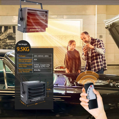 Garage Heater 7500 Watt Digital Ceiling Mount With Full Function Remote 240 Volt Hardwired Heater And 12 Hour Timer Ideal For Shop Workshop Warehouse For Year Round Use in garage setting with remote control use