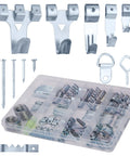 303 Piece Picture Hanging Kit With Heavy Duty Hooks And Organized Compartments For Wall Mounting and Shelf Bracing on a clear tray.