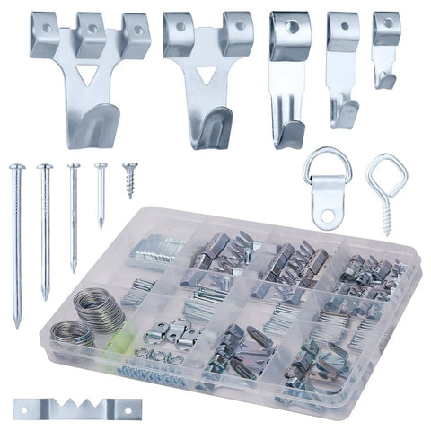 303 Piece Picture Hanging Kit With Heavy Duty Hooks And Organized Compartments For Wall Mounting and Shelf Bracing on a clear tray.