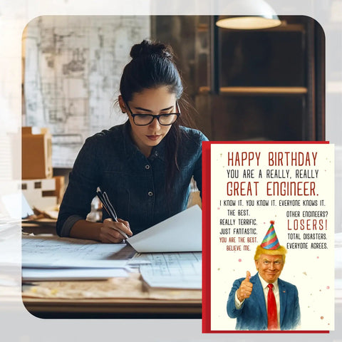 Woman reading Funny Engineer Birthday Card For Men, Nerdy Yet Heartfelt Greeting Card For Christmas, Birthday, Fathers Day Or Work Milestones next to a desk