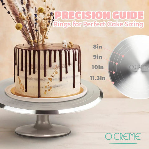 12 Inch Heavy Duty Aluminum Cake Turntable Stand Rock Solid Rotating Lazy Susan With Non Slip Base Smooth Swivel Platform displaying guide rings for cake sizing.