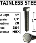 Stainless steel hex bolts set, 1/4 in-20, 1 in long, 304 grade (10 bolts, 10 nuts, 10 washers)
