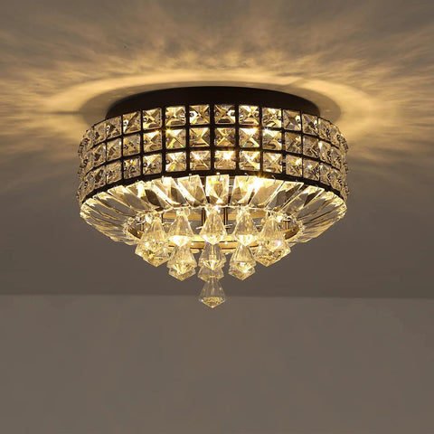 Dope Black K9 Crystal Flush Mount Chandelier 4 Light Ceiling Fixture With Metal Round Shade for elegant interiors