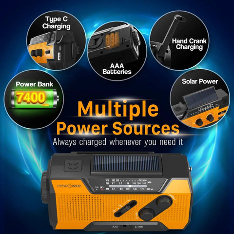 NOAA Emergency Weather Radio With 7400mWh Power Bank AM FM USB Solar Hand Crank Charging Battery Operated Survival Radio shines.