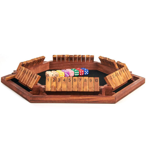 Upgraded Shut The Box Dice Game For 1 To 6 Players With Wooden Board And 16 Dice, tabletop math challenge setup.