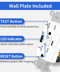 Detailed view of Solid Setup GFCI Outlet With Dual USB A Plus C Ports In White showing test button, LED indicator, and reset button.