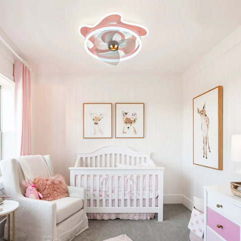 Pink Cartoon Cute Flush Mount Ceiling Fan With Dimmable Lights For Kids Room, Low Profile Design, 6 Speeds, Quiet Oscillating Blades