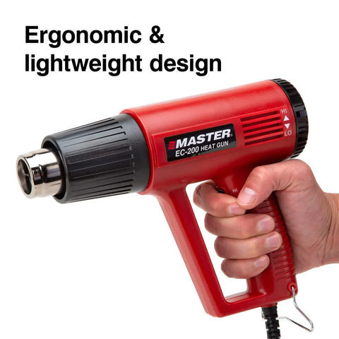Hand holding EC200 Variable Temperature Heat Gun 120V 1200W Hot Air Tool for Shrink Wrap, showing ergonomic red design