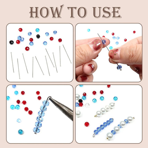 Flat Head Pins For Jewelry Making 200 Pack 1.18 Inch 22 Gauge Silver Headpins Brass Beading Pins For DIY Craftin Necklaces Bracelets Earrings Easy To Use Craft Supplies For Creative Beaders And Hobbyists, shown with beads and hands
