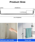 Rock Solid Single Sided Towel Bar Polished Chrome Shower Handle 24 Inch Centers with product size measurements and application in bathroom.