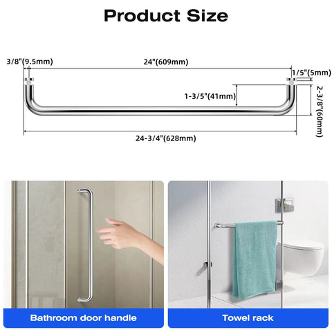 Rock Solid Single Sided Towel Bar Polished Chrome Shower Handle 24 Inch Centers with product size measurements and application in bathroom.