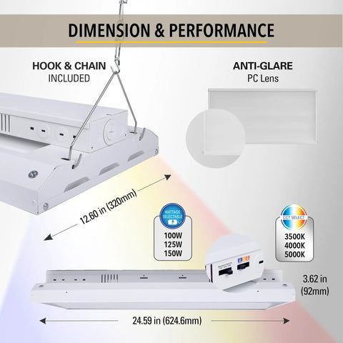 Led Linear High Bay Light 2 Ft 24 Inch 150W Equivalent, 3 Selectable CCT, dimensions, hook and chain, anti-glare lens