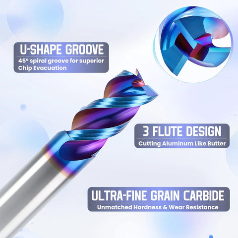 Carbide Square End Mill With Nano Blue Coating For Aluminum Copper Magnesium Alloys And Composite Materials, Half Inch Shank, Three Flute CNC Milling Bit, HRC 60 Ultra Hard With Low Friction