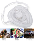 Front view of clear CPR/AED training mask with white elastic straps and central valve.