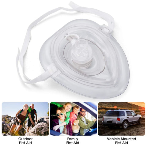 Front view of clear CPR/AED training mask with white elastic straps and central valve.