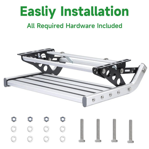 RV Camper Steps Drop Down Folding Stairs One Hand Open Close Aluminum Construction With Non Slip Feet Luminous Glow Tape For Visibility Holds Up To 450 Pounds, hardware included