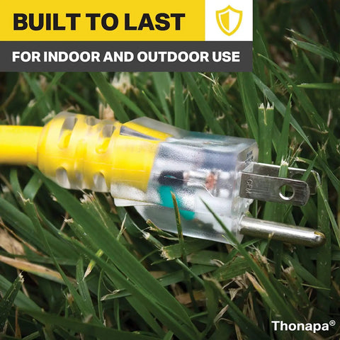 Built Tough 75 Foot 10 Gauge Outdoor Extension Cord With Lighted 3 Prong Plug 15 Amp SJTW Wire Weatherproof Yellow Copper Cable