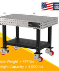 Rock Solid Mobile Welding Fixture Table Featuring Precision Laser Grid Holes And Built In Shelf Smooth Rollin Heavy Duty Swivel Casters Pro Grade Fabrication Base with dimensions 48x30x36 in.