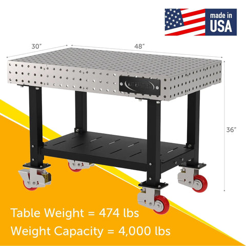 Rock Solid Mobile Welding Fixture Table Featuring Precision Laser Grid Holes And Built In Shelf Smooth Rollin Heavy Duty Swivel Casters Pro Grade Fabrication Base with dimensions 48x30x36 in.