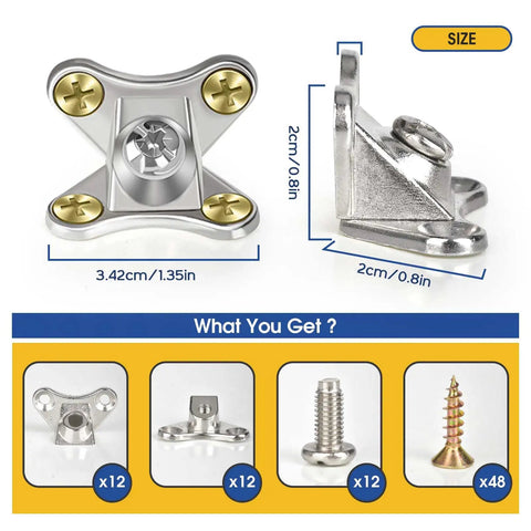 Image of 12 Pack Beefy Butterfly Corner Braces Set Detachable L Bracket Right Angle Support for wood furniture with screws and nuts.