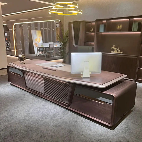 Level Up Your Home Office Game With This Heavy Duty Black Walnut Boss Desk Featuring A Spacious Surface And Rock Steady Build For All Your Deep Focus Work And Weekend Craft Projects, showcasing its sleek design and sturdy build.